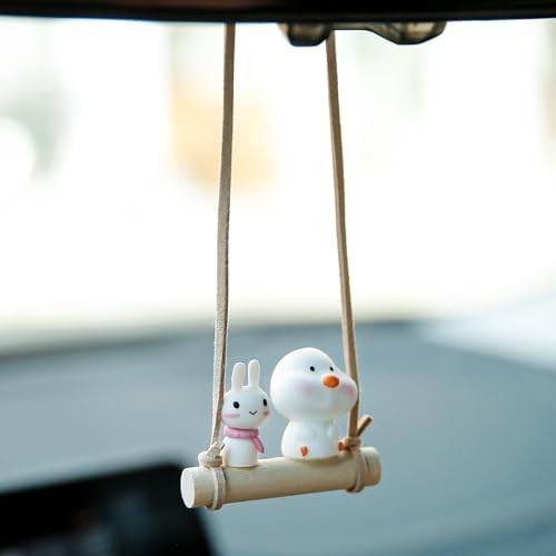 YGMONER Cute Swinging Chick &amp; Bunny Car Rear View Mirror Hanging Accessories Funny Car Interior Decor Gifts for Women Men (Chick and Bunny)