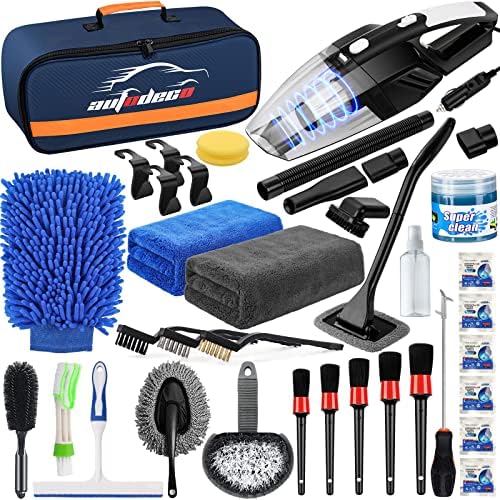 AUTODECO 39Pcs Car Cleaning Wash Kit Interior Detailing Cleaner Kit with High Power Handheld Vacuum, Brush Set, Windshield Tool, Duster, Towels, Tire Brush, Complete Car Care Tools, Blue