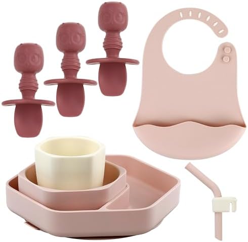 Silicone Baby Feeding Set,8 Pack Baby Weaning Sets Baby Led Weaning Supplies &amp; Utensils Suction Plate and Bowl, Baby Cup with Straw, Bib, Feeder Spoons for 6+ Months (Pink)