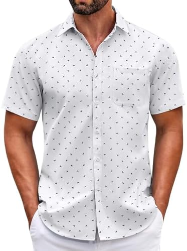 COOFANDY Men's Short sleeved Casual Buckle Shirt Summer Unscented Fold Formal Shirt with Pocket