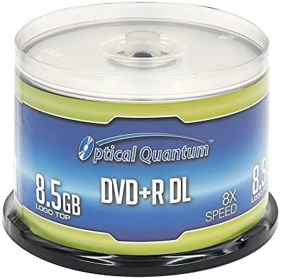 Optical Quantum 8X 8.5GB Double Layer DVD+R DL Recordable Blank Media Logo Top, 50-Disc Cakebox, Dual Layer DVD Discs, DVD DL Blank Discs 8.5GB