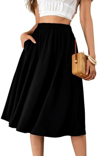 Verdusa Women&#39;s Elastic Waist Pocket Side A Line Midi Swing Flared Skirt