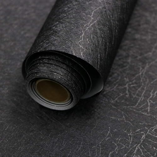 15.7&#34; X 118&#34; Black Silk Wallpaper Embossed Self Adhesive Peel and Stick Wallpaper Contact Paper Removable Waterproof Kitchen Vinyl Wrap Cabinet Furniture Textured Renter Friendly Wall Gift Pap
