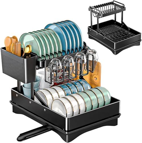 BYTANA Rust-Proof Dish Drying Rack, 2 Tier Large Dish Rack for Kitchen Counter, Carbon Steel Detachable Dish Drainer Organizer with Utensil Holder and Drainboard 16.5 x 11.8 x 11.6 in, Black