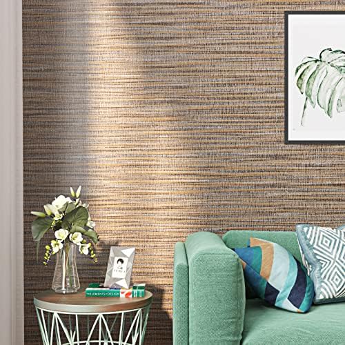FunStick Grasscloth Wallpaper Peel and Stick Grass Cloth Fabric Wall Paper Self Adhesive Brown Fabric Contact Paper for Cabinets Waterproof Grasscloth Tan Wallpaper for Wall Desk Removable 15.7&#34;x7