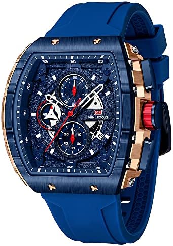 MF MINI FOCUS Men&#39;s Watch Fashion Tonneau Wrist Watches (Chronograph\/Waterproof\/Luminous\/Calendar) Silicon Strap Quartz Watch for Men