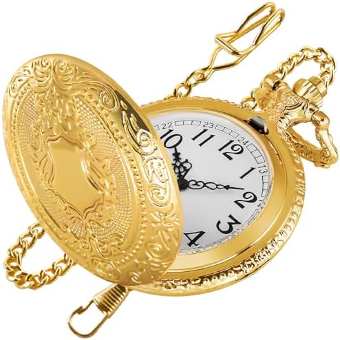 Realpoo Gold Shield Men&#39;s Pocket Watch, Arabic Numeral Digital Scale Men&#39;s Quartz Pocket Watch, Quartz Pocket Watches with Chain-Gold