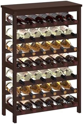 SONGMICS 42-Bottle Wine Rack Free Standing Floor, 7-Tier Display Wine Storage Shelves with Table Top, Bamboo Wobble-Free Bottle Holder for Kitchen Bar Dining Room Living Room, Espresso UKWR27BR