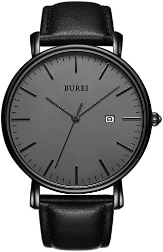 BUREI Men Watches Brown Leather Fashion Minimalist Wrist Watch Simple Ultra Thin Waterproof Quartz Watches All Black Stainless Steel Mesh Band,Gift for Men Women