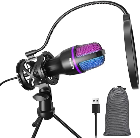 Gaming USB Microphone for PC - Beginner Online Chat Condenser Mic, RGB Computer Mic with Tripod, Pop Filter, for Streaming Podcast, Conference Call, PS4\/5 PC Gamer YouTube and Skype