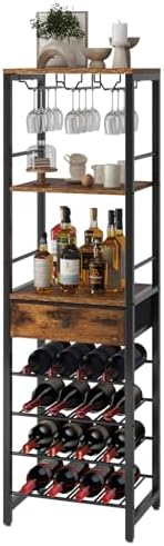 IBUYKE Wine Rack Freestanding Floor, Bar Cabinet for Liquor and Glasses,4-Tier Wood Coffee Bar Cabinet,Glass Holder and Storage Drawer for Home Bar Kitchen Living Room,Rustic Brown UTMJ905H