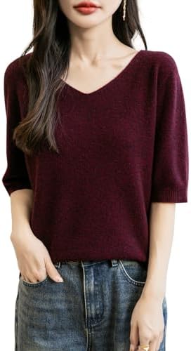 Chanyarn Women&#39;s V-Neck 100% Merino Wool Spring Fall Winter First-Line Ready to Wear Seamless Knit Shirt Short Sleeve Sweater