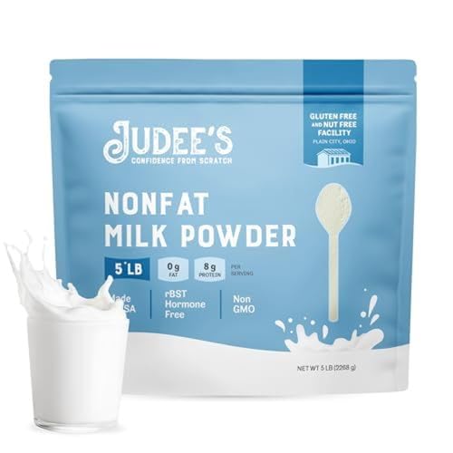 Judee&#39;s Gluten Free Non-Fat Milk Powder 5 lb - Non-GMO, Keto-Friendly BST Hormone, Gluten &amp; Nut-Free - High Protein &amp; Calcium - Made in the USA - Powdered &amp; Dried Milk for Baking