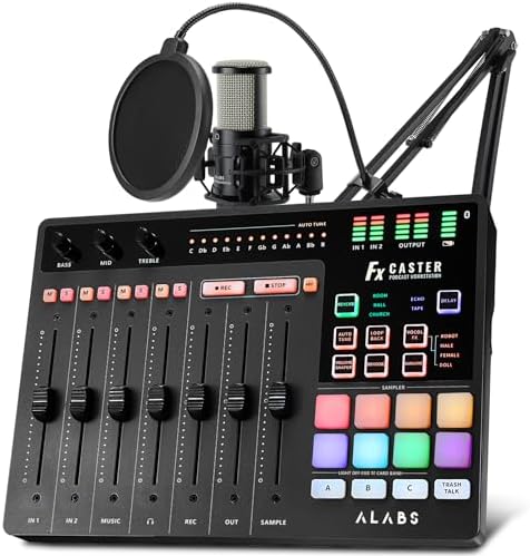ALABS Fxcaster Podcast Equipment Bundle - All-in-One Podcasting Starter Setup with 7-Channel Soundboard, Audio Interface, and 25mm Diaphragm XLR Microphone for Live Streaming, Recording, and TikTok