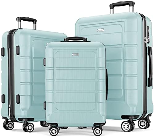 SHOWKOO luggage set with expandable PC and ABS durable luggage with 3 pieces of dual wheel TSA locks, mint green, 20 inches 24 inches 28 inches, travel