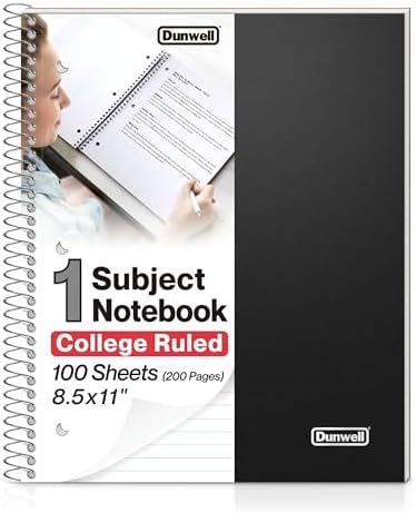 Dunwell College Ruled Spiral Notebook (Black), 1 Subject Notebook 8.5 x 11 for School, Plastic Cover, Pocket Divider, 100 Sheets (200 Pages), 3-Hole Punched Perforated 8 1\/2 x 11 Paper