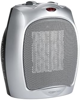 Amazon Basics Ceramic Space Heater, Portable Indoor Heating Solution, With Overheat and Tip-Over Protection, Thermostat, Non-Oscillating, 1500W, 7.52&#34;D x 6.34&#34;W x 9.45&#34;H, Silver