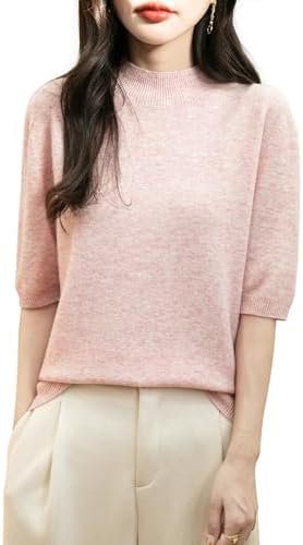 Chanyarn Women&#39;s 100% Merino Wool Spring Fall Winter First-Line Ready to Wear Seamless Knit Short Sleeve Mock Neck Sweater