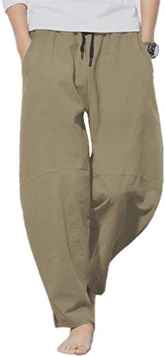 PACEIADTA Men&#39;s Cotton Linen Drawstring Pants Elastic Waist Casual Summer Beach Pants