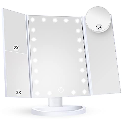 HUONUL Makeup Mirror Vanity Mirror with Lights, 2X, 3X, 10X Magnification, Touch Control, Trifold, White, 9.4&#34;L x 13.4&#34;W, Modern Style, Dresser Mount, Bathroom