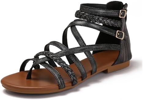 Lucky Bird Women&#39;s Summer Strappy Flat Sandals Casual Gladiator Shoes Open Toe Sparkly Crossover Straps Dressy Fisherman Thong Sandals for Walking Beach Vacation