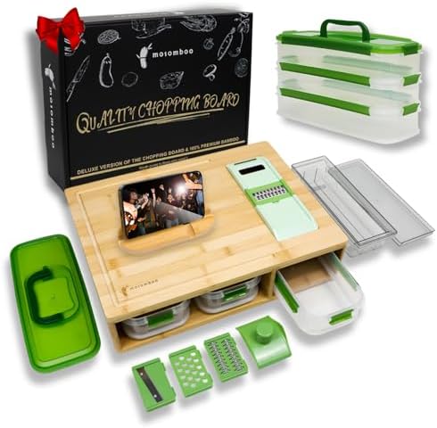 Mosomboo Bamboo Cutting Board with Containers, Large Smart Cutting Board Set with Stackable Containers, Built-in Graters and Locking Lid, Meal Prep Station, Chopping Board Set, Housewarming Gifts