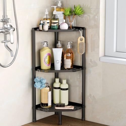 Corner Shower Caddy Standing, 3 Tier Shower Organizer Stand with 18 Hooks for Bathroom, Metal Corner Shower Shelf for Inside Shower, Bathtub, Floor Shower Shelves Rack Hang Towels, Matte Black