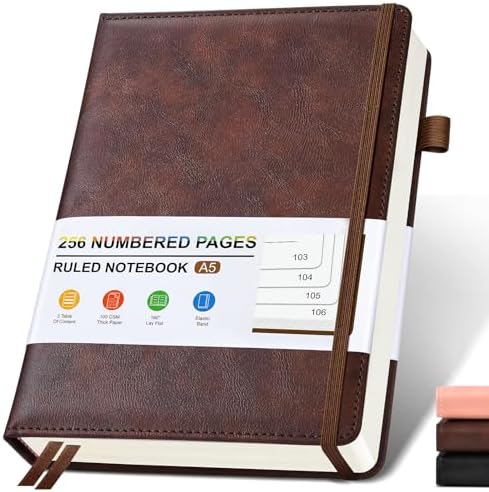 Lined Leather Journal Notebook for Men Women, Hardcover Journals with 256 Numbered Pages, A5 Journaling Notebooks for Writing, 100GSM Thick Ruled Paper for Business Work School 5.75&#34;×8.38&#34;, Br