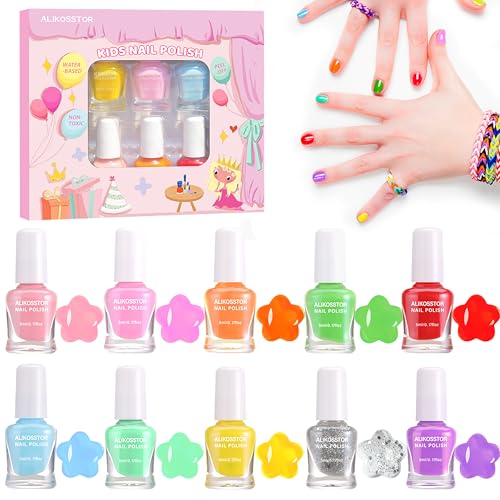 ALIKOSSTOR Kids Nail Polish Set for Girls - 10 Rainbow Colors Non-Toxic Quick Dry Peel Off Water Based Nail Polish Toys Kit for Toddler Teen Party