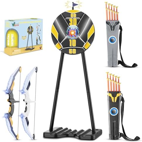 2 Pack Bow and Arrow for Kids, LED Light Up Archery Set with 20 Suction Cup Arrows, 1 Standing Target with Flag Score, Indoor Outdoor Play Sport Toys Gifts for Kids, Boys &amp; Girls Ages 3-12