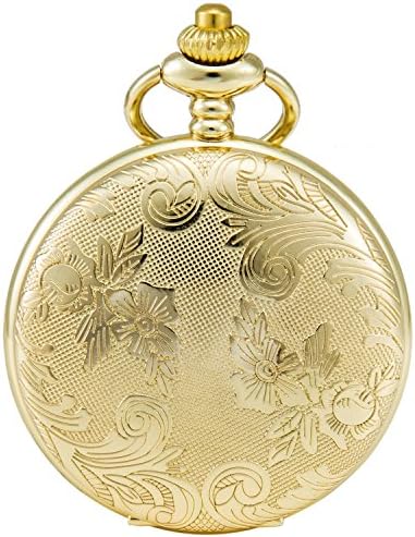 SEWOR Bronze Flowers Vintage Quartz Pocket Watch Shell Dial with Two Type Chain(Leather+Metal) (Gold)