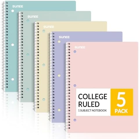 SUNEE Spiral Notebooks, 1-Subject, 5 Pack, College Ruled Paper, 8&#34; x 10-1\/2&#34;, 70 Sheets per Notebook,3-Hole Punched Paper, Pink,Purple, Blue, Green, Yellow Spiral Lined Notebooks for School,W