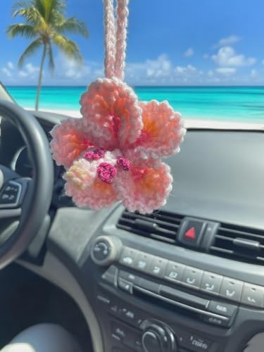 Hibiscus Flower Car Hanging Ornament,Crochet Hawaiian Tropical Flowers Bag Charms Decor Car Rear View Mirror Beach Accessories (Pink)
