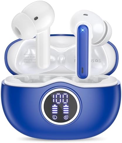 Wireless Earbuds Bluetooth 5.3 Headphones 40 Hrs Playtime with LED Display, Deep Bass Stereo and Noise Cancelling Bluetooth Ear Buds IP7 Waterproof Wireless Earphones for iPhone Android, Sea Blue