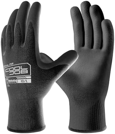 COOLJOB 12\/60 Pairs Safety Work Gloves Pack Bulk with Grip PU Coating, 13 Gauge Seamless Knit Gloves with Polyurethane Dipped for Warehouse Working, Breathable Lightweight for Men Women, Black Large