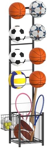 CADUKE Basketball Storage, Vertical Ball Rack for Garage, 8 Balls Sports Ball Holder for Basketball, Soccer, Volleyball, Football, Rackets in Garage, Indoor, Outdoor, Black