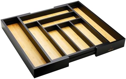 Cozee Bay Bamboo drawer organizer, utensil holder, silverware organizer, and adjustable cutlery tray with drawer dividers, for kitchen, office desk, and bathroom storage (Black)