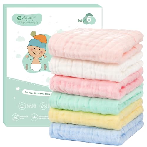 Orighty Muslin Baby Washcloths Pack of 6 - Soft Face Cloths for Newborn, Absorbent Baby Bath and Face Towels, 100% Cotton Babies Wipes, Burp Cloths, Feeding Towels for Babies and Infants - 10 x 10\u20