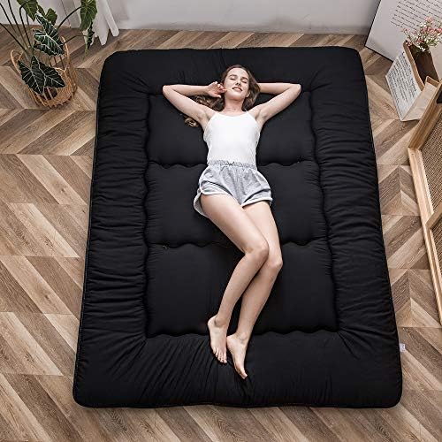 MAXYOYO Japanese Floor Mattress Futon Mattress, 4&#34; Thicken Tatami Mat Sleeping Pad Foldable Roll Up Mat Boys Girls Dormitory Pad Kids Floor Lounger Pillow Bed, Black, Full