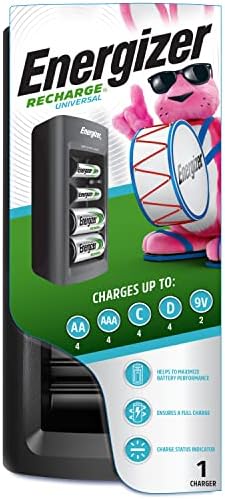 Energizer Recharge Universal Charger for NiMH Rechargeable AA, AAA, C, D, and 9V Batteries