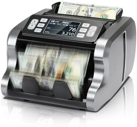 MUNBYN IMC09 Mixed Denomination Money Counter Machine, Value Counting, UV\/MG\/IR\/MT Bill Counter, 3.5&#34; TFT Display Money Counting Machine Printer Enabled, USD, EUR, MXN Cash Counter for Business