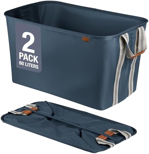 CleverMade Collapsible Laundry Basket Hamper - LUXE Navy Noir Cream 2Pack 60L - Space Saving Storage Organizer with Handles Foldable Home Organization