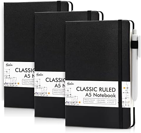 feela 3 Pack Notebooks Journals Bulk with 3 Black Pens, A5 Hardcover Notebook Classic Ruled Lined Journal Set with Pen Holder for Work Business Journaling Note Taking, 120 GSM, 5.1\u201Dx8.3\u201D, Bl