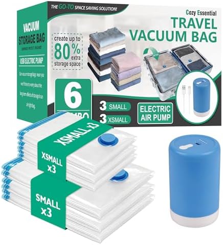 Cozy Essential Travel Vacuum Bags with Electric Pump, 6 Pack Vacuum Travel Bags for Luggage and Suitcase, Vacuum Seal Space Saver Compression for Clothes Clothing