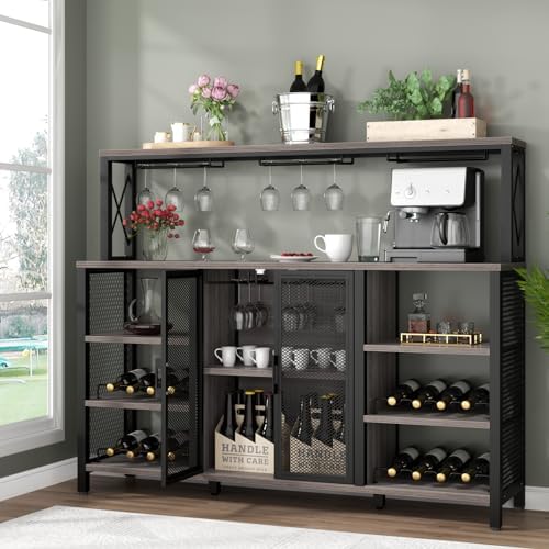 Gyfimoie Bar Cabinet, 55 Inches Industry Coffee Bar Cabinet with Wine Rack and Glass Holder, Kitchen Sideboard Buffet Cabinet with Wine Rack Storage for Liquor and Glasses (Rustic Grey)