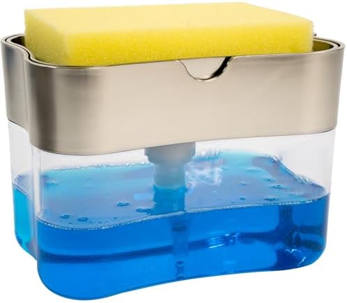 S\u0026amp; T INC. Kitchen Sink Dishsoap Dispenser and Sponge Rack, with Sponge, 13 oz (approximately 368.5 g), Silver Metal
