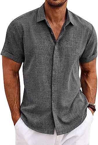 COOFANDY Men&#39;s Linen Shirts Short Sleeve Casual Shirts Button Down Shirt for Men Beach Summer Wedding Shirt
