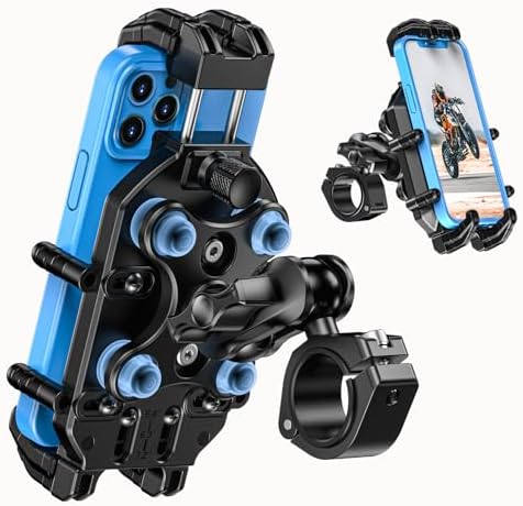 LOKTENWO Motorcycle Phone Mount with Vibration Dampener &amp; Secure Lock [ Metal Arm &amp; Handlebar Mounting Base] Anti-Theft Motorcycle Cellphone Holder for ATV Bike Scooter, Fit 5.4-7.2&#34; Smart