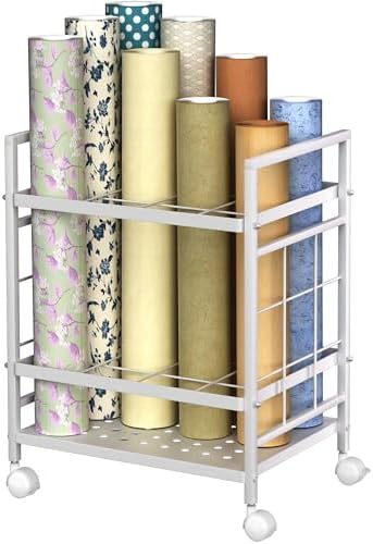 GIOTORENT Blueprint Storage Rack, Holder with Wheels, Map\/Poster\/Architectural Plan Storage, 12 Slots, 2 Brakes, Silent Wheels for Home, Office, School (White)