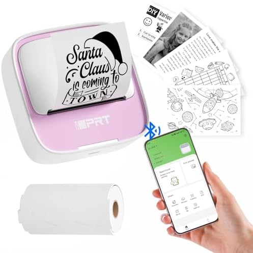 IDPRT portable mini thermal sticker printer, Bluetooth ink free printer with 1 roll of sticker paper, used for notes, diaries DIY、 Label printing, compatible with iOS and Android phones, pink color